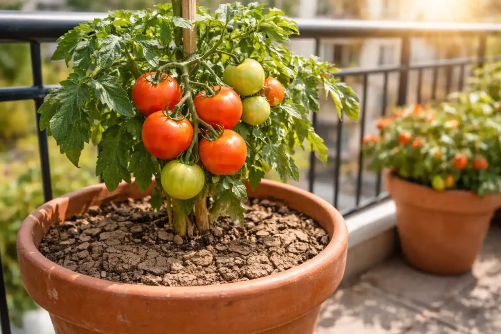 omaten im Topf bei Hitze mit trockener Erde