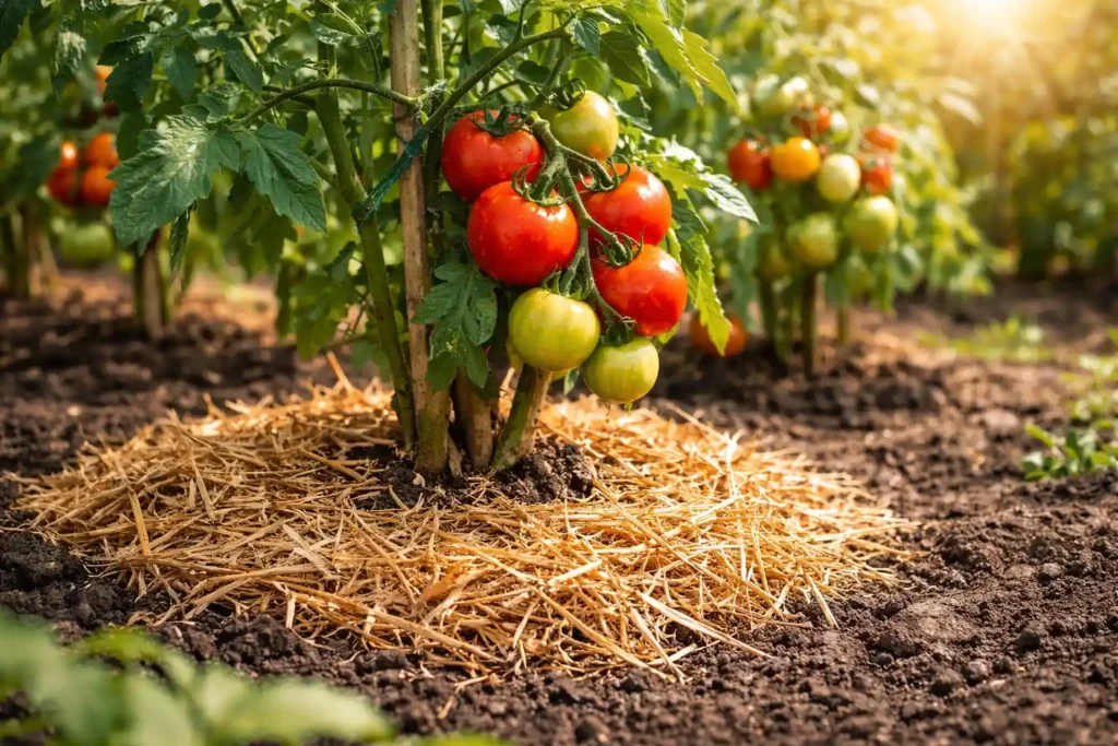 Mulch bei Tomaten im Sommer reduziert Verdunstung